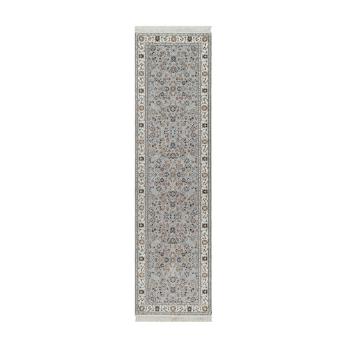 Pigeon Blue, Wool and Silk, Nain with All Over Floral Pattern, Hand Knotted, 250 KPSI, Soft Pile, Runner, Oriental 