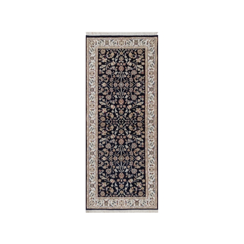 Midnight Blue, Nain with All Over Vines Design, Soft Pile, Wool and Silk, 250 KPSI, Hand Knotted, Runner, Oriental 