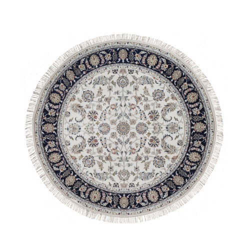 Daisy White, 250 KPSI, Nain with All Over Flower Design, Wool and Silk, Soft Pile, Hand Knotted, Round, Oriental 