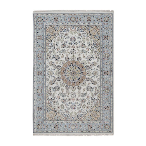 Pristine White, 250 KPSI, Nain with Flower Medallion Design, Wool and Silk, Soft Pile, Hand Knotted, Oriental Rug