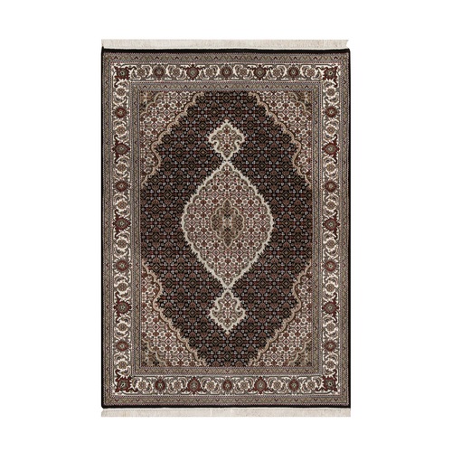 Onyx Black, 175 KPSI, Tabriz Mahi with Fish Medallion Design, 100% Wool, Hand Knotted, Oriental Rug