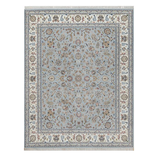 Slate Blue, Nain with All Over Flower Design, 250 KPSI, Soft Pile, Hand Knotted, Wool and Silk, Oriental Rug