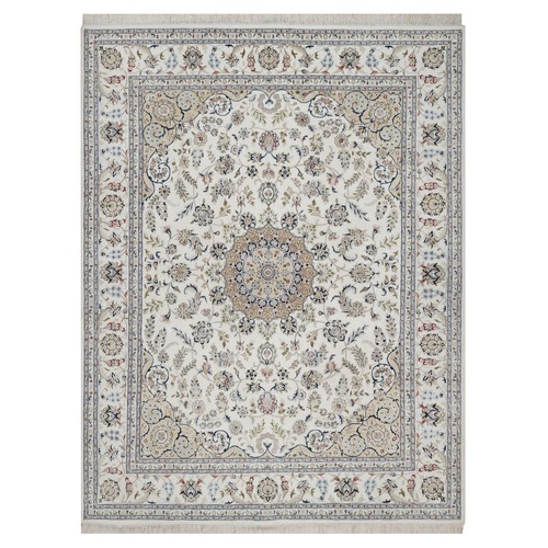 Winter White, Nain with Flower Medallion Design, Hand Knotted, Wool and Silk, 250 KPSI, Soft Pile, Oriental Rug