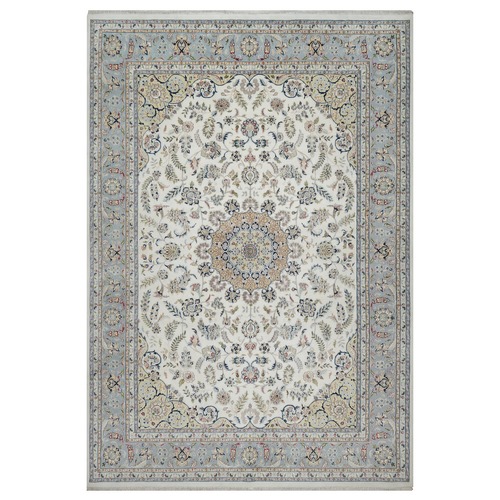 Pearl White, Wool and Silk, Nain with Flower Medallion Design, 250 KPSI, Soft Pile, Hand Knotted, Oriental Rug