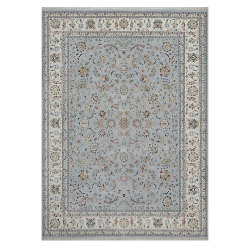 Stone Blue, Nain with All Over Floral Pattern, 250 KPSI, Soft Pile, Wool and Silk, Hand Knotted, Oriental 