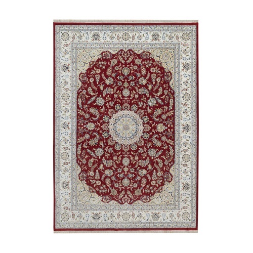 Dahlia Red, Nain with Flower Medallion Design, Hand Knotted, 250 KPSI, Wool and Silk, Soft Pile, Oriental Rug