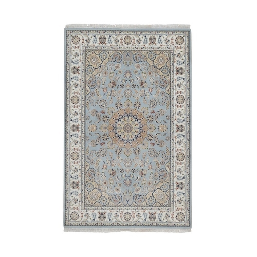 Pigeon Blue, Nain with Flower Medallion Design, 250 KPSI, Wool and Silk, Hand Knotted, Soft Pile, Oriental 