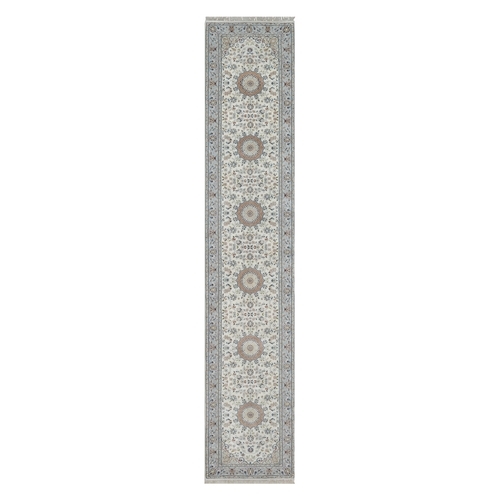 Alabaster White, Nain with Flower Medallion Design, 250 KPSI, Wool and Silk, Soft Pile, Hand Knotted, XL Runner, Oriental 