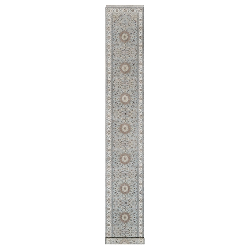 Slate Blue, Nain with Flower Medallion Design, Wool and Silk, Hand Knotted, 250 KPSI, Soft Pile, XL Runner, Oriental 