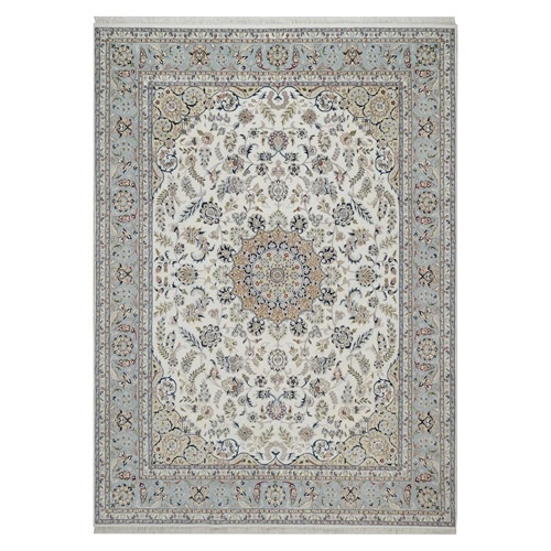 Pristine White, Nain with Flower Medallion Design, 250 KPSI, Wool and Silk, Soft Pile, Hand Knotted, Oriental 