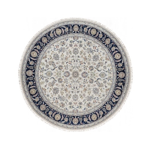 Pristine White, Wool and Silk, Nain with All Over Flower Design, Soft Pile, 250 KPSI, Hand Knotted, Round, Oriental 