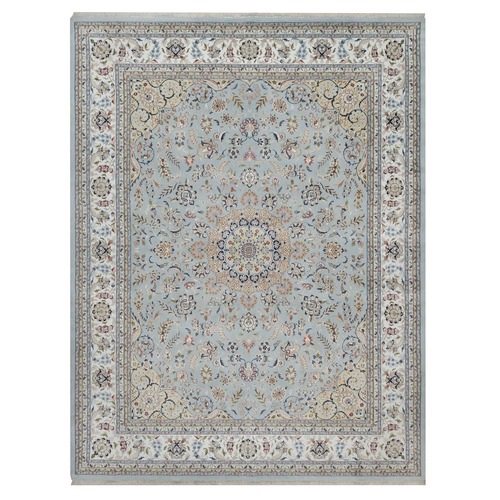 Slate Blue, Nain with Flower Medallion Design, 250 KPSI, Hand Knotted, Wool and Silk, Soft Pile, XL, Oversized, Oriental 
