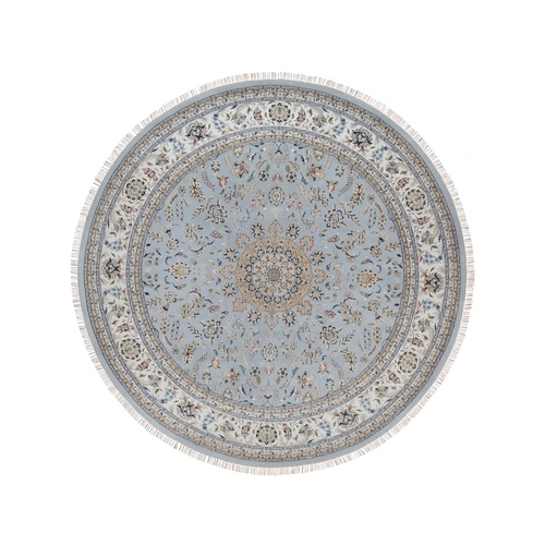 Beau Blue, Nain with Flower Medallion Design, 250 KPSI, Wool and Silk, Hand Knotted, Soft Pile, Round, Oriental 