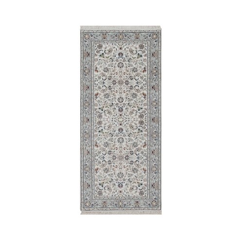 Pristine White, Nain with All Over Flower Pattern, 250 KPSI, Wool and Silk, Hand Knotted, Soft Pile, Runner, Oriental Rug