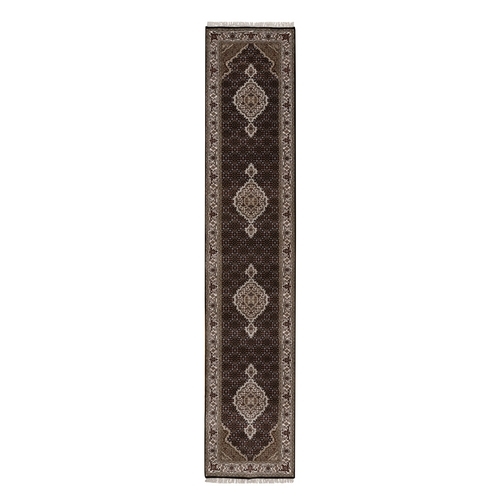 Jet Black, 175 KPSI, Tabriz Mahi with Fish Medallion Design, 100% Wool, Hand Knotted, Runner, Oriental 
