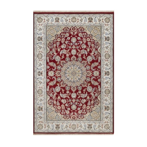 Andorra Red, Nain with Flower Medallion Design, Hand Knotted, Wool and Silk, 250 KPSI, Soft Pile, Oriental Rug