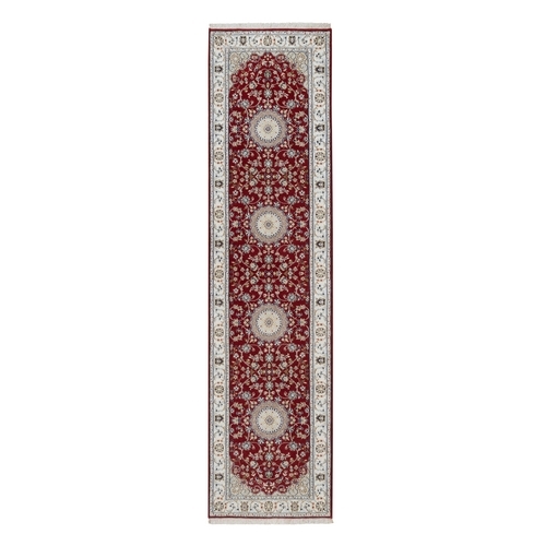 Rhubarb Red, Hand Knotted, Nain with Flower Medallion Design, Wool and Silk, 250 KPSI, Soft Pile, Runner, Oriental Rug