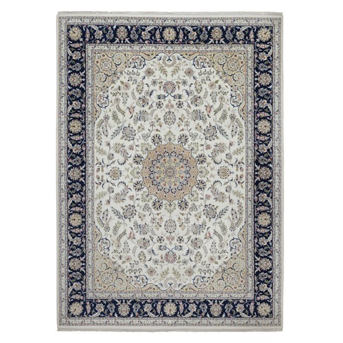 Pearl White, Nain with Flower Medallion Design, 250 KPSI, Soft Pile, Wool and Silk, Hand Knotted, Oriental Rug