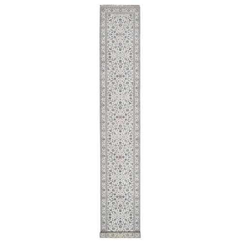Winter White, Soft Pile, Nain with All Over Flower Pattern, Wool and Silk, Hand Knotted, 250 KPSI, XL Runner, Oriental Rug