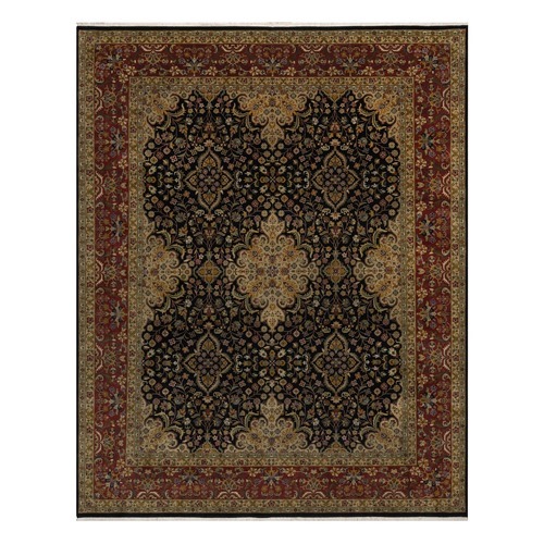 Phantom Black, Intricate Kashan Revival, Hand Knotted, Hand Spun New Zealand Wool, 300 KPSI, Oriental 