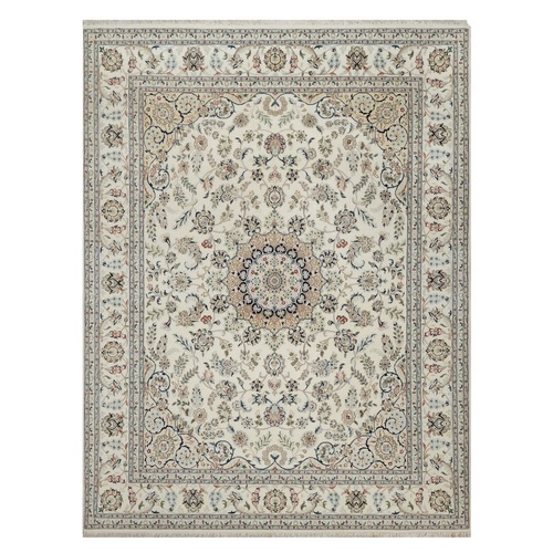 Winter White, Wool and Silk, 250 KPSI, Nain with Flower Medallion Design, Hand Knotted,  Soft Pile, Oriental 