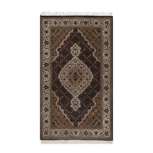 Midnight Black, Tabriz Mahi with Fish Medallion Design, Hand Knotted, 100% Wool, 175 KPSI, Oriental 