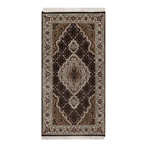 Midnight Black, Tabriz Mahi with Fish Medallion Design, 100% Wool, Hand Knotted, 175 KPSI, Oriental Rug