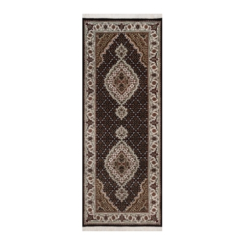 Smoky Black, 100% Wool, Tabriz Mahi with Fish Medallion Design, Hand Knotted, 175 KPSI, Runner, Oriental Rug