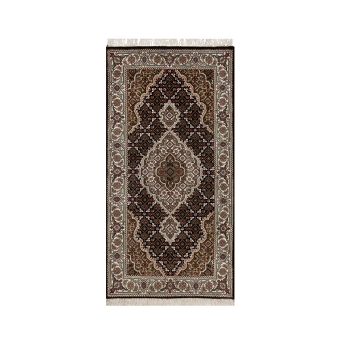Ink Black, Tabriz Mahi with Fish Medallion Design, 100% Wool, Hand Knotted, 175 KPSI, Short Runner, Oriental Rug