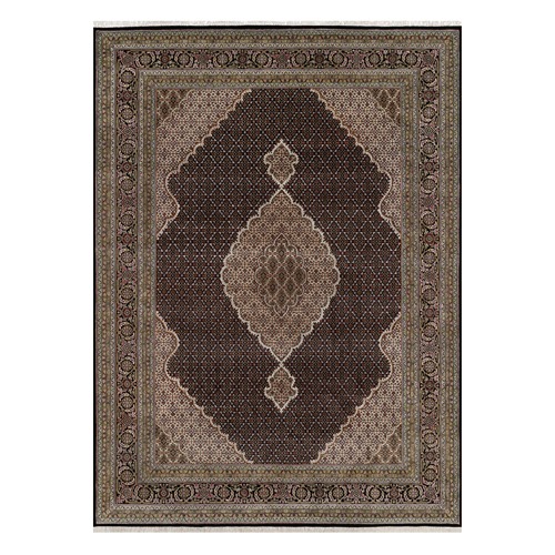 Jade Black, 100% Wool, Tabriz Mahi with Fish Medallion Design, Hand Knotted, 175 KPSI, Oriental 