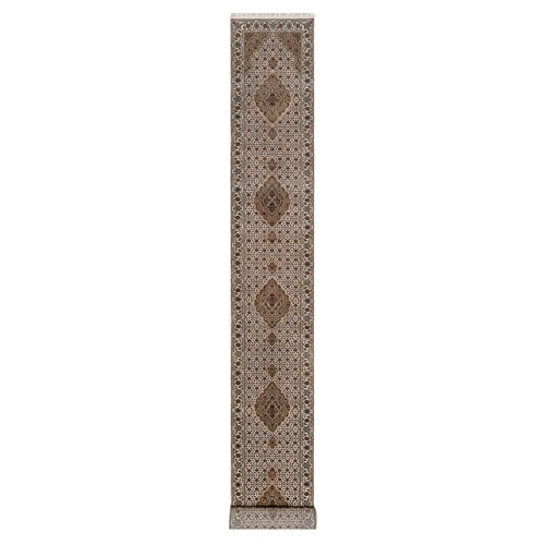 Swan White, Tabriz Mahi with Fish Medallion Design, 100% Wool, Hand Knotted, 175 KPSI, XL Runner, Oriental Rug