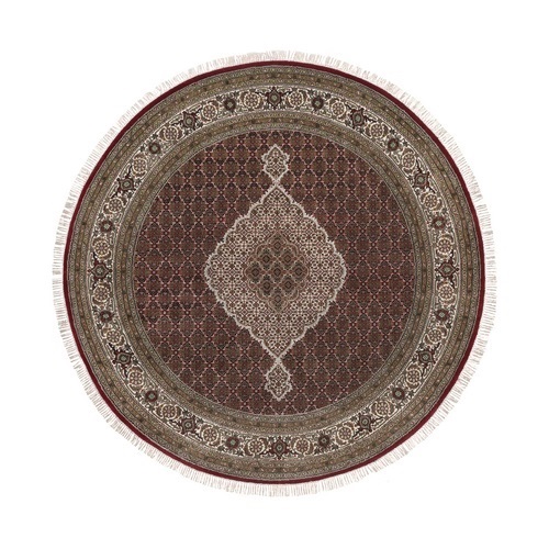 Crimson Red, Tabriz Mahi with Fish Medallion Design, Pure Wool, Hand Knotted, 175 KPSI, Round, Oriental 