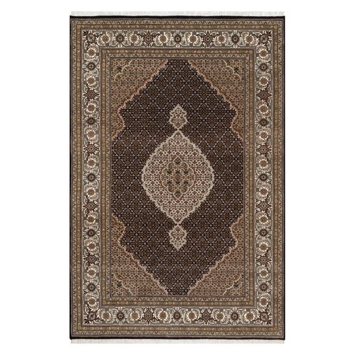 Onyx Black, Hand Knotted, 175 KPSI, Tabriz Mahi with Fish Medallion Design, 100% Wool, Oriental Rug