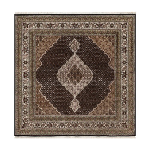 Premium Black, Tabriz Mahi with Fish Medallion Design, 100% Wool, Hand Knotted, 175 KPSI, Square, Oriental 