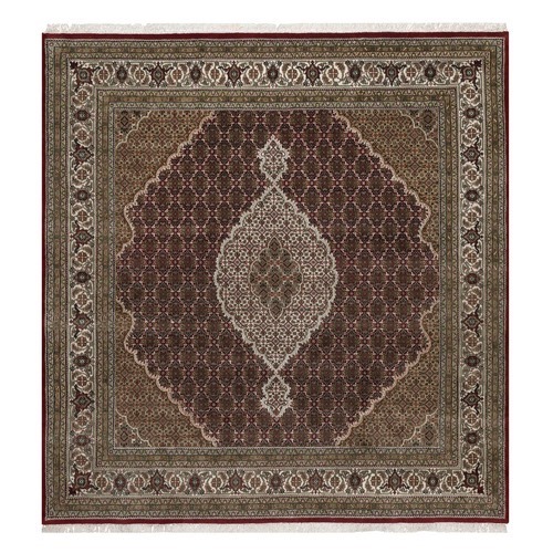 Cherry Red, Hand Knotted, Tabriz Mahi with Fish Medallion Design, 100% Wool, 175 KPSI, Square Oriental 