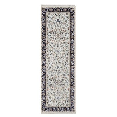Salt White, 250 KPSI, Nain with All Over Design, Hand Knotted, Wool and Silk, Soft Pile, Runner, Oriental Rug