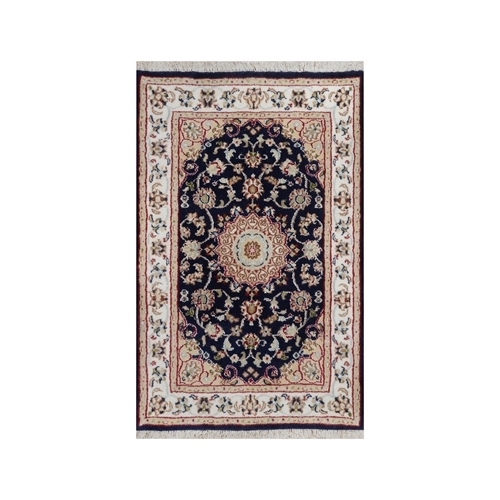 Indigo Blue, Wool and Silk, 250 KPSI, Nain with Flower Medallion Design, Hand Knotted, Soft Pile, Mat, Oriental 
