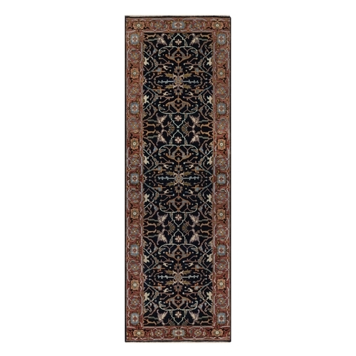 Caviar Blue, Antiqued Fine Heriz Re-Creation with All Over Vines Design, Hand Spun New Zealand Wool, Hand Knotted, Vegetable Dyes, Runner, Oriental Rug