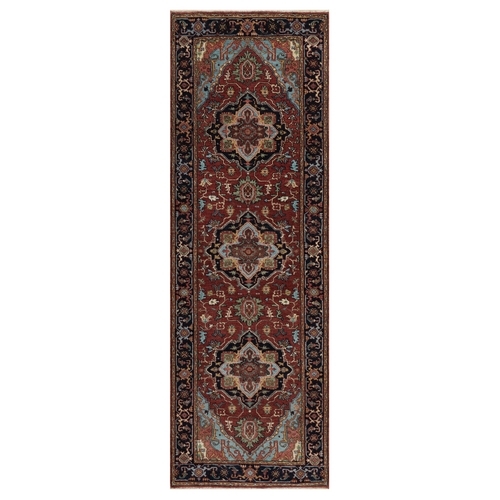 Barn Red, Denser Weave, Antiqued Fine Heriz Re-Creation, Hand Knotted, Hand Spun New Zealand Wool, Soft Pile, Vegetable Dyes, Runner, Oriental 