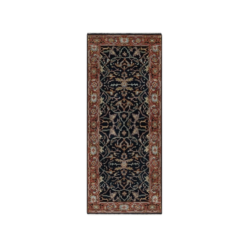 Midnight Blue, Antiqued Fine Heriz Re-Creation with All Over Vines Design, Hand Knotted, Hand Spun New Zealand Wool, Vegetable Dyes, Runner, Oriental Rug