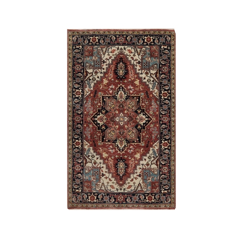 Brick Red, Antiqued Fine Heriz Re-Creation with Geometric Medallion Design, Hand Knotted, Hand Spun New Zealand Wool, Soft and Plush, Oriental 