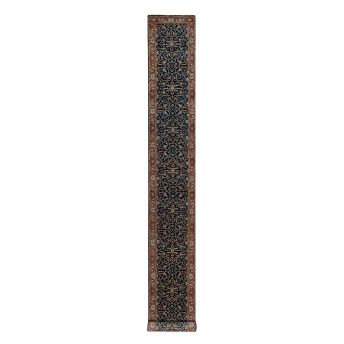 Midnight Blue, Hand Knotted, Antiqued Fine Heriz Re-Creation with All Over Vines Design, Hand Spun New Zealand Wool, Soft Pile, Vegetable Dyes, XL Runner, Oriental Rug