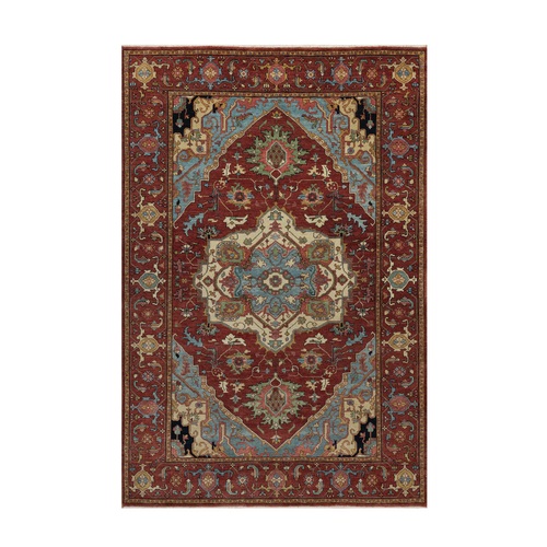Brick Red, Antiqued Fine Heriz Re-Creation, Medallion Design, Hand Knotted, Soft Pile, Hand Spun New Zealand Wool, Vegetable Dyes, Oriental 