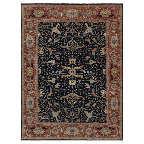 Caviar Blue, Antiqued Fine Heriz Re-Creation with All Over Vines Design, Soft Pile, Hand Spun New Zealand Wool, Hand Knotted, Vegetable Dyes, Oriental Rug