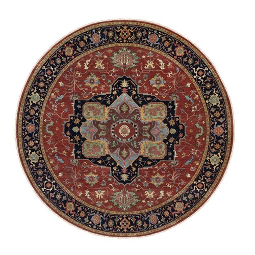 Barn Red, Antiqued Fine Heriz Re-Creation, Hand Knotted, Hand Spun New Zealand Wool, Soft Pile, Vegetable Dyes, Denser Weave, Round, Oriental 