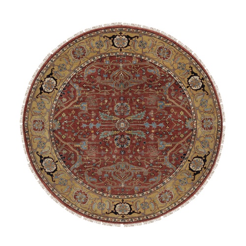 Auburn Red, Antiqued Fine Heriz Re-Creation with All Over Vines Design, Hand Knotted, Hand Spun New Zealand Wool, Soft Pile, Vegetable Dyes, Round, Oriental 