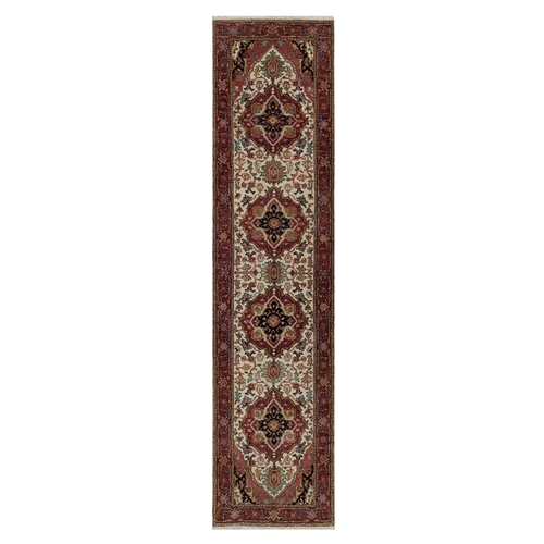 Chiffon White, Antiqued Fine Heriz Re-Creation, Medallion Design, Hand Knotted, Hand Spun New Zealand Wool, Soft Pile, Vegetable Dyes, Runner, Oriental 