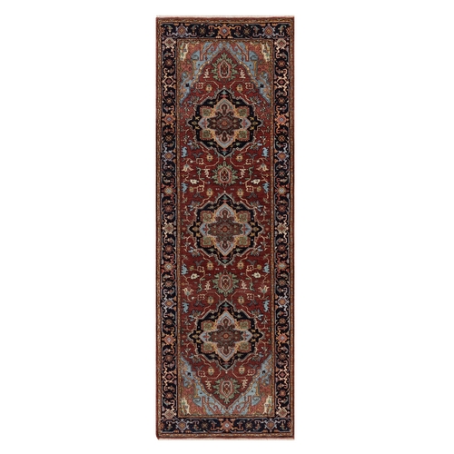 Barn Red, Hand Spun New Zealand Wool, Soft Pile, Vegetable Dyes, Antiqued Fine Heriz Re-Creation, Medallions Design, Hand Knotted, Runner, Oriental 