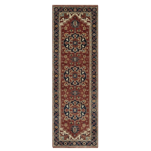 Maroon Red, Hand Knotted, Hand Spun New Zealand Wool, Soft Pile, Vegetable Dyes, Antiqued Fine Heriz Re-Creation, Medallions Design, Runner, Oriental 