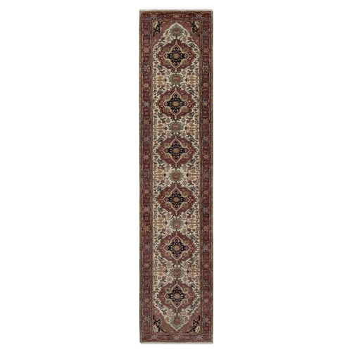 Chiffon White, Antiqued Fine Heriz Re-Creation, Medallions Design, Hand Knotted, Hand Spun New Zealand Wool, Soft Pile, Vegetable Dyes, Runner, Oriental 